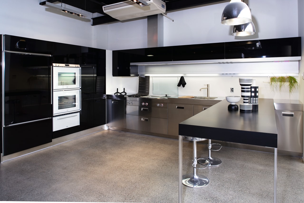 A view of some kitchen appliances from BSH countertop, floor, flooring, interior design, kitchen, gray, black