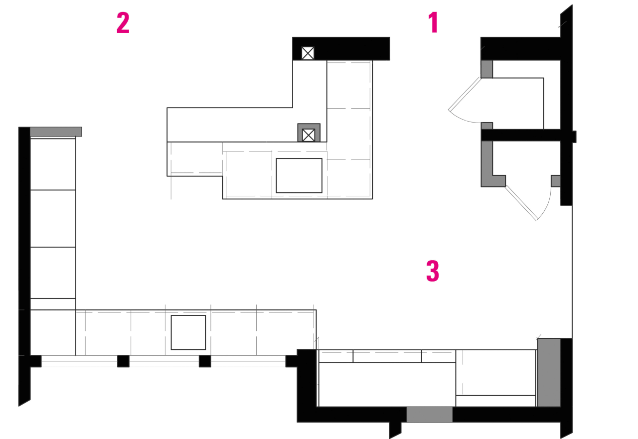 A view of the plan of the kitchen angle, area, black and white, design, diagram, drawing, floor plan, font, line, product, product design, text, white