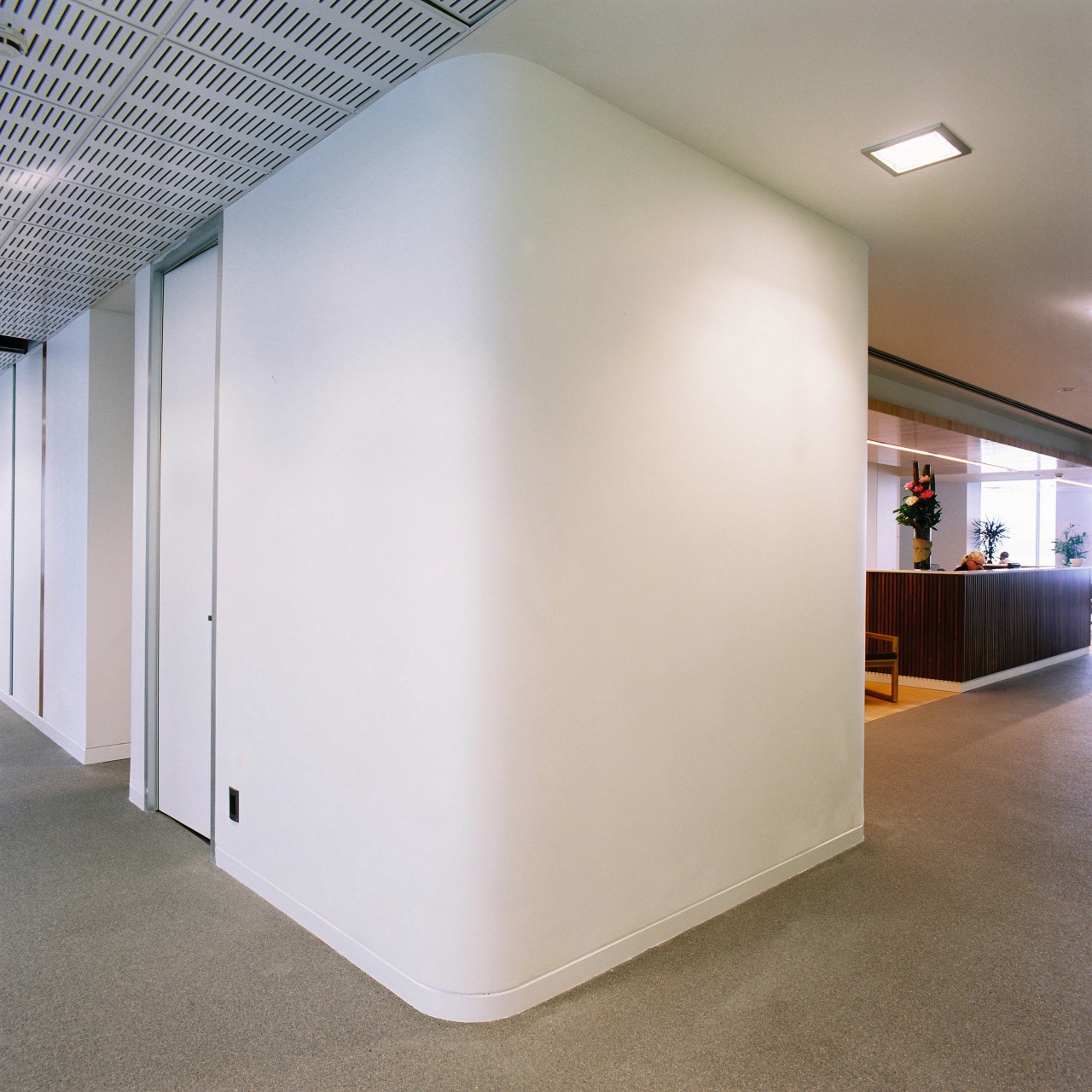 A view of the curved plasterboard walls installed architecture, ceiling, daylighting, floor, glass, interior design, real estate, wall, gray