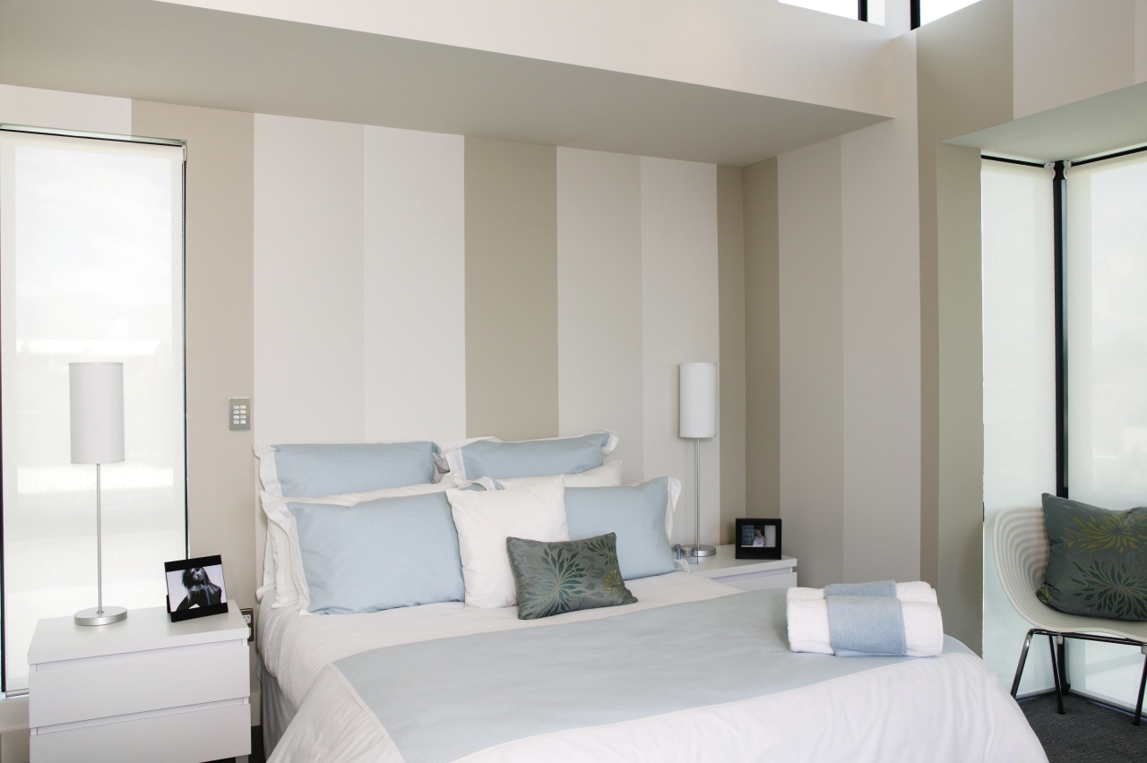 A view of some interior paints by Resene. architecture, bed frame, bedroom, ceiling, home, interior design, real estate, room, suite, wall, window, window covering, gray, white