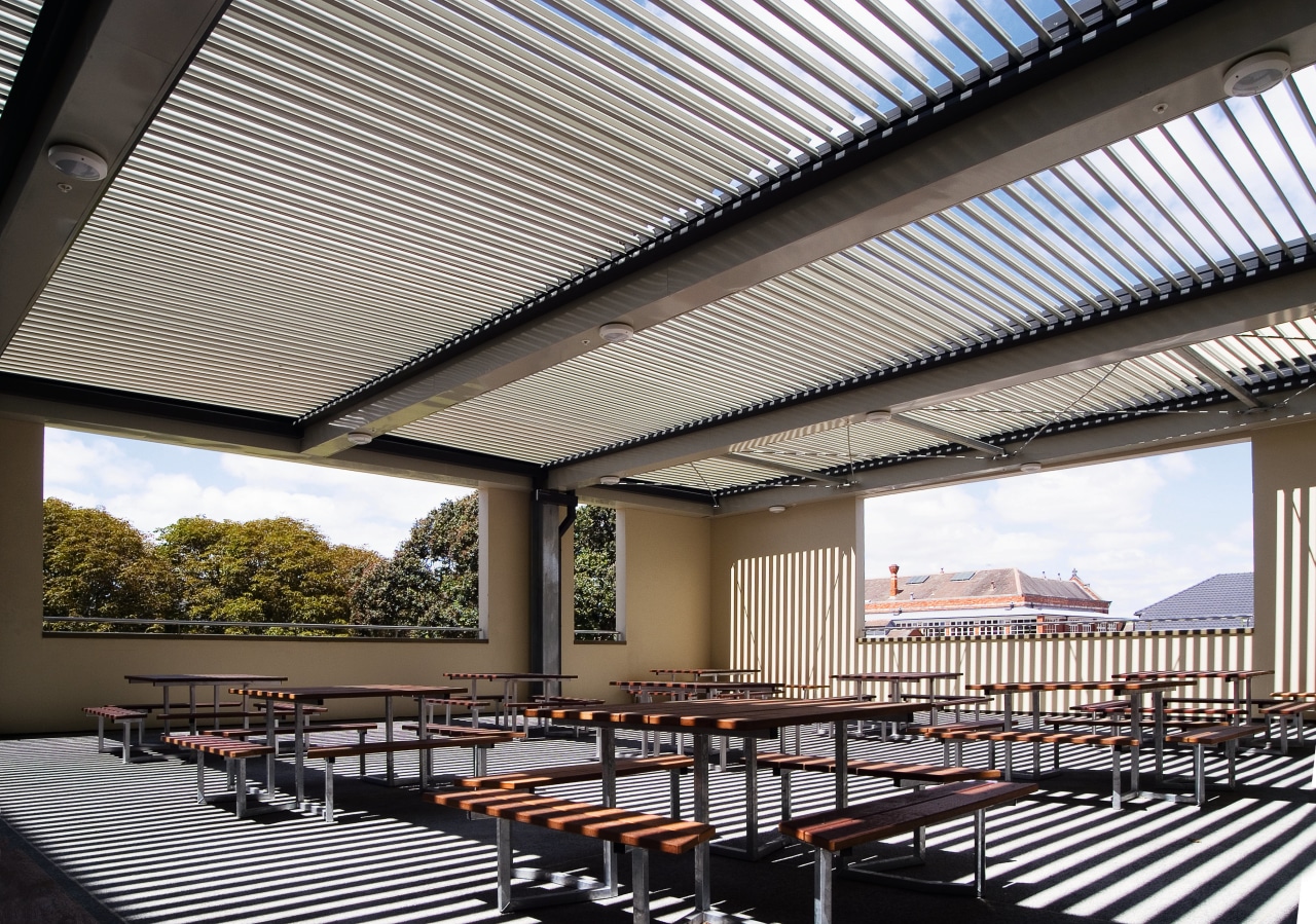 A view of some louvres from LouvreTec Products. architecture, ceiling, daylighting, interior design, outdoor structure, real estate, roof, shade, black, white