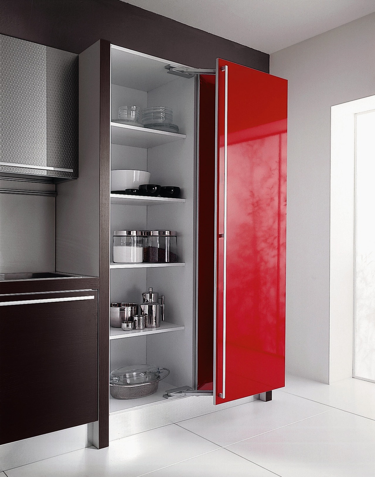 View of this kitchen cabinetry in oriental red bathroom accessory, bathroom cabinet, cabinetry, display case, furniture, product design, shelf, shelving, wardrobe, gray, white