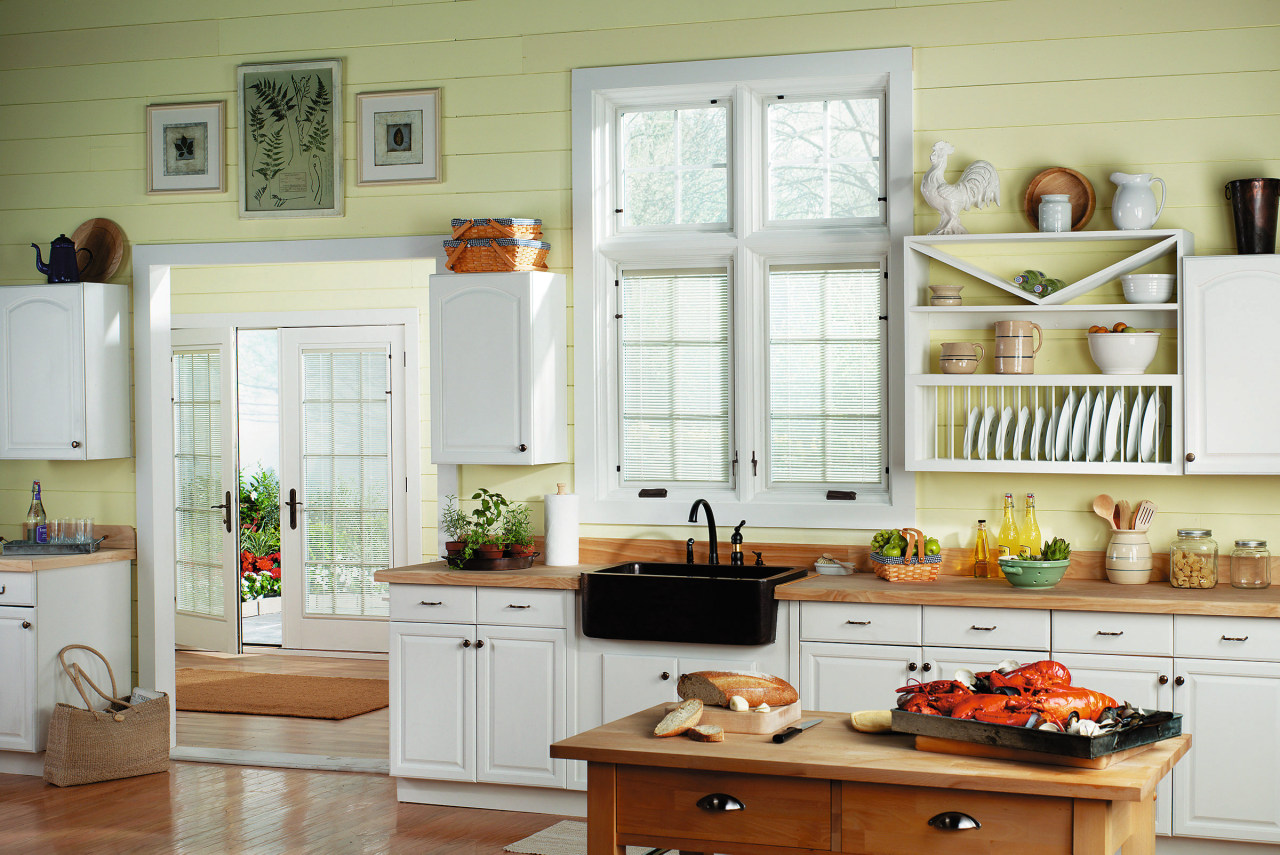 View of kitchen with white cabinetry, with white cabinetry, countertop, cuisine classique, home, interior design, kitchen, room, window, white, yellow