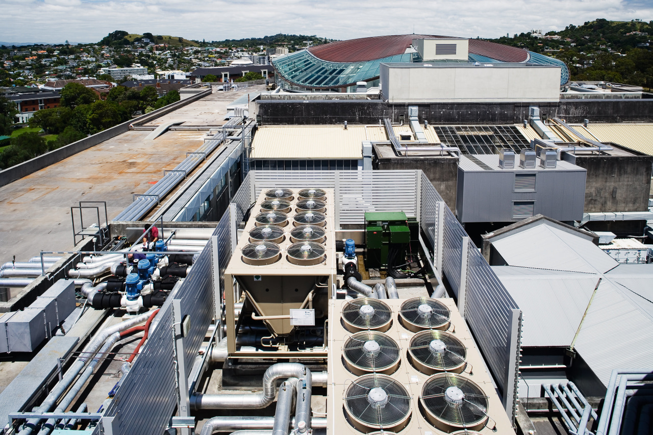 A view of the major Air Conditioning plant city, roof, white, black