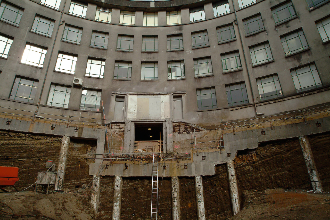 A view of Excavation, piling and construction work building, urban area, gray, brown