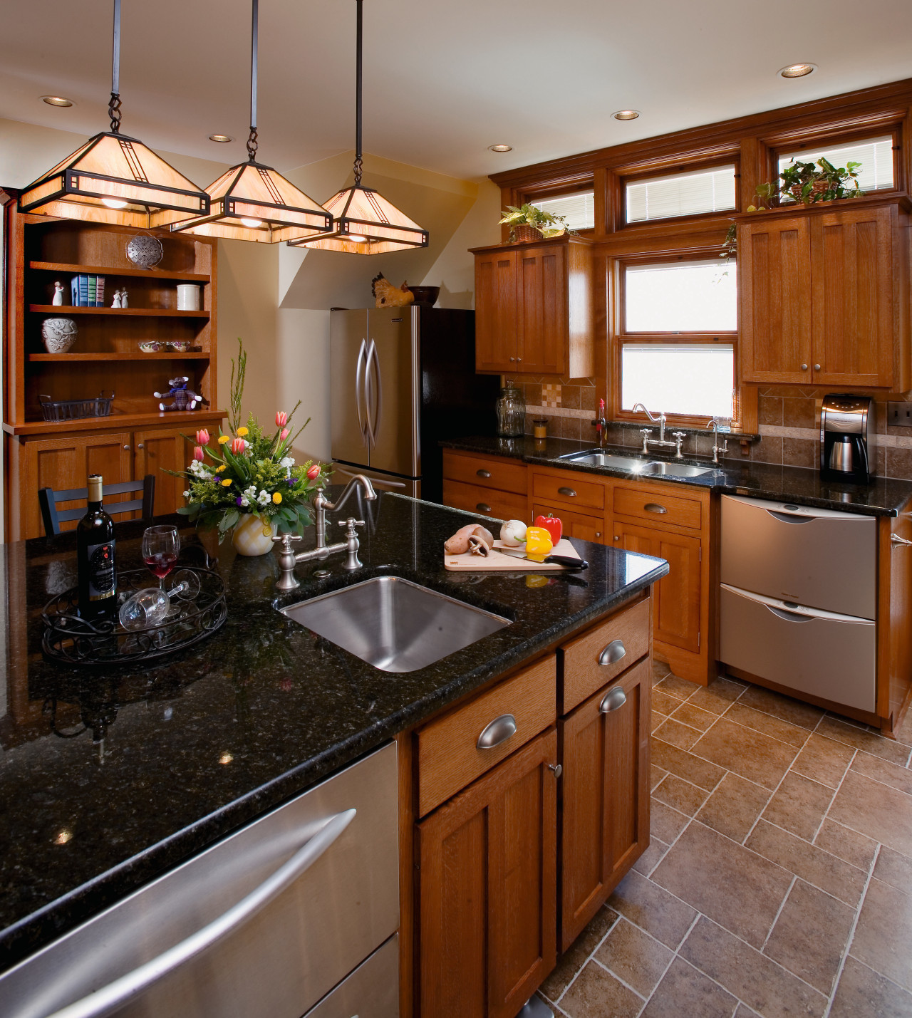 A view of frameless cabinets in alder, with cabinetry, countertop, cuisine classique, interior design, kitchen, room, brown