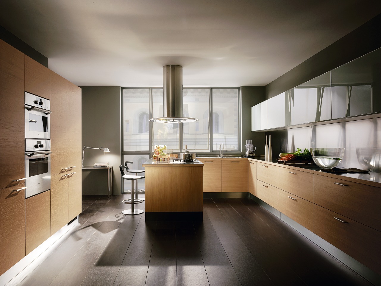 A view of this kitchen featuring teak cabinetry, cabinetry, countertop, cuisine classique, floor, interior design, kitchen, gray