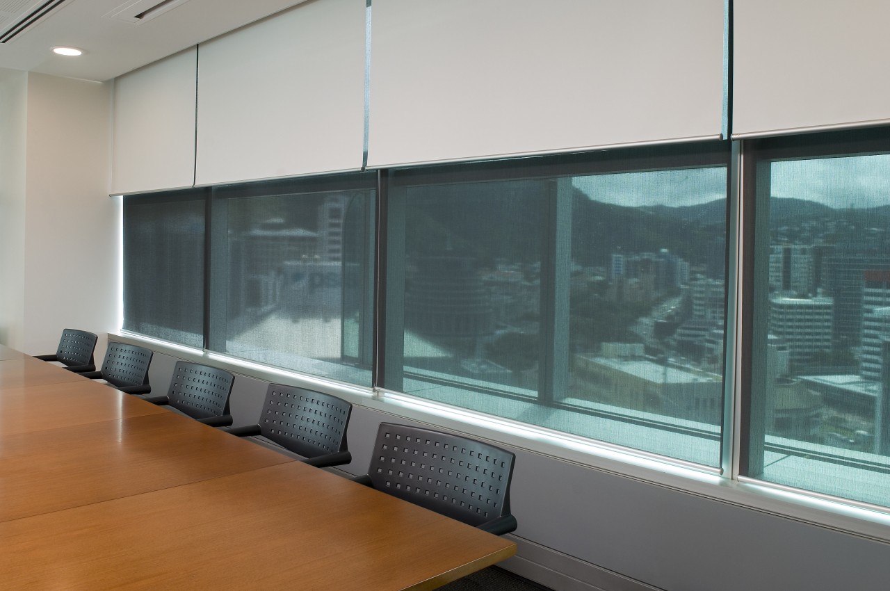 A view extrafloke blackout blinds used in office architecture, glass, interior design, window, window covering, gray