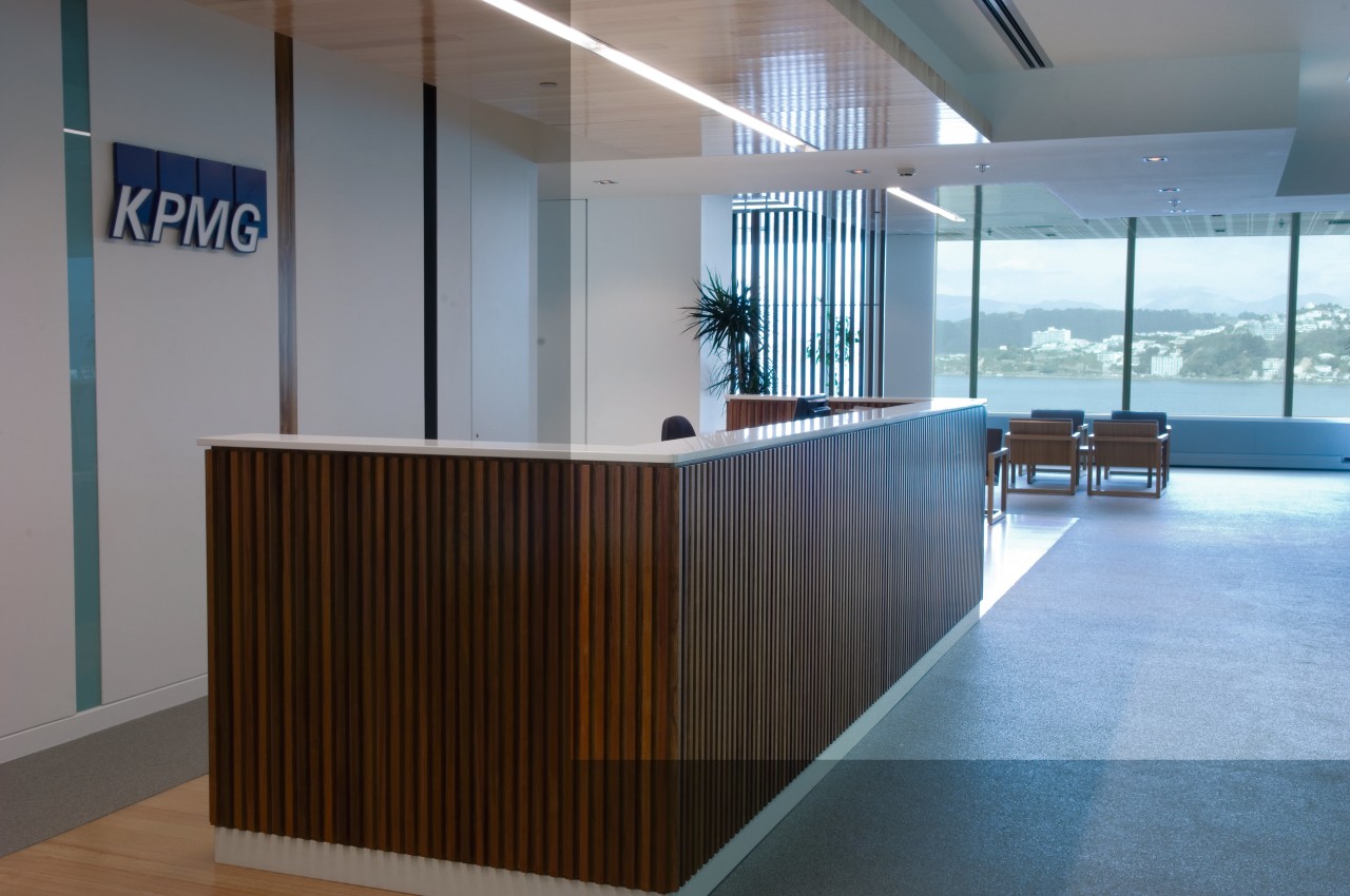 A view of the KPMG's offices. architecture, floor, flooring, furniture, glass, interior design, lobby, office, gray