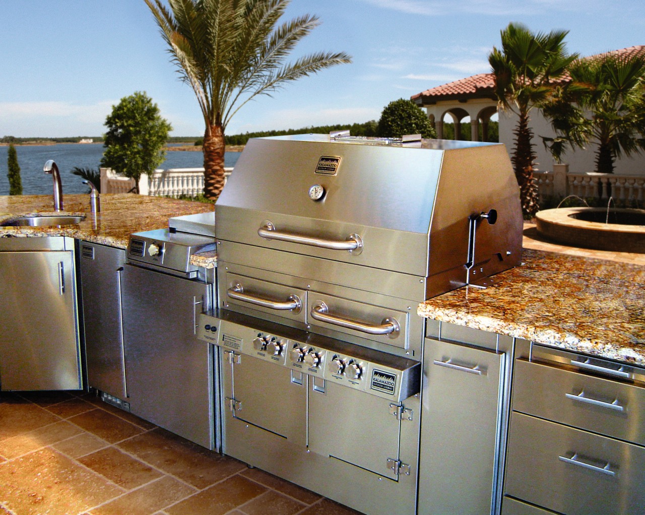 A view of the Stainless steel outdoor cooking countertop, kitchen, property, real estate, brown