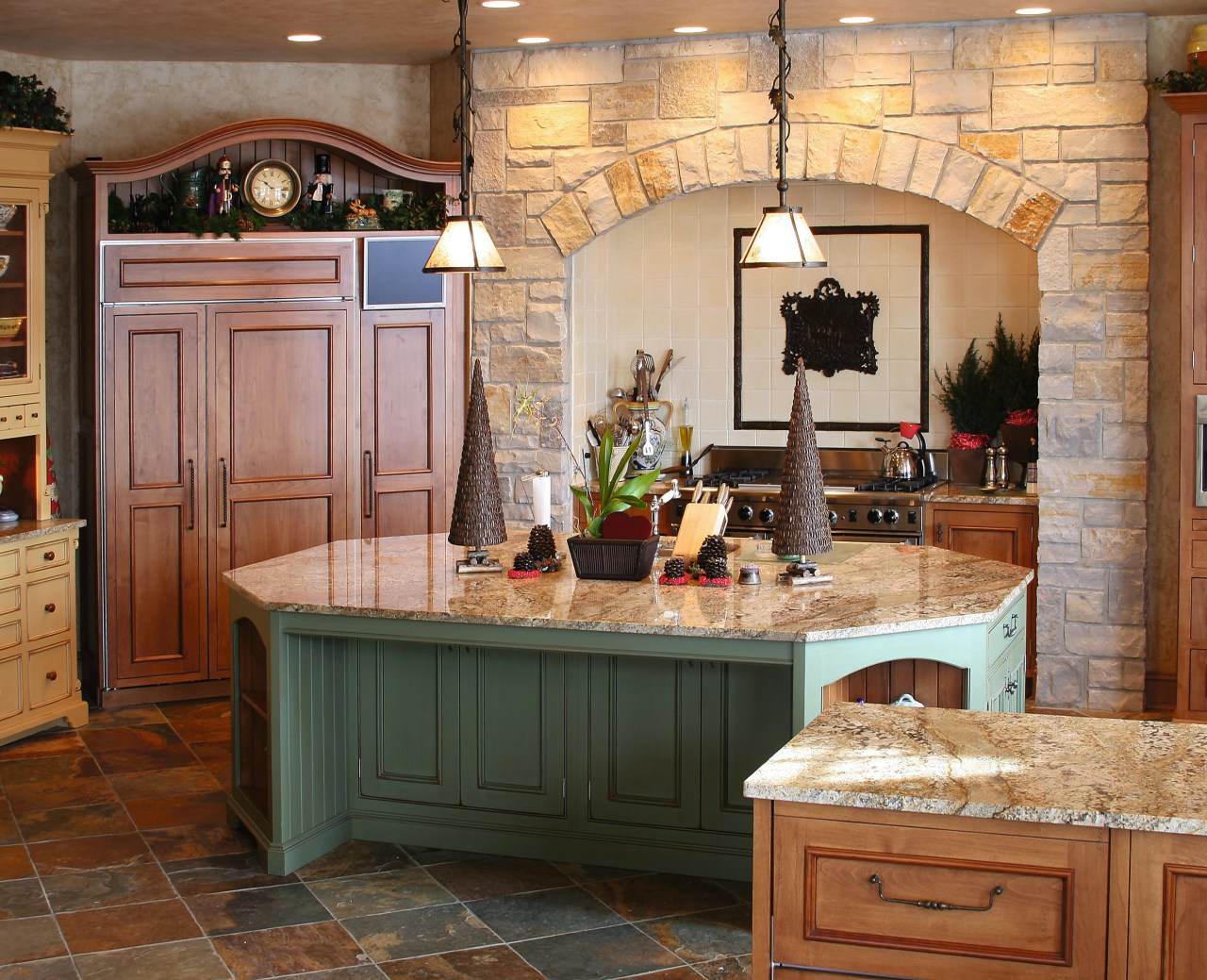 View of this kitchen featuring traditional timber cabinetry, cabinetry, countertop, cuisine classique, flooring, furniture, home, interior design, kitchen, room, brown