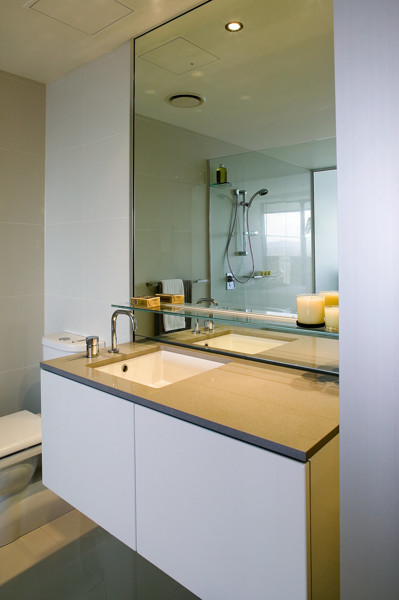 A view of the bathroom featuring  frameless architecture, bathroom, countertop, interior design, kitchen, room, sink, gray