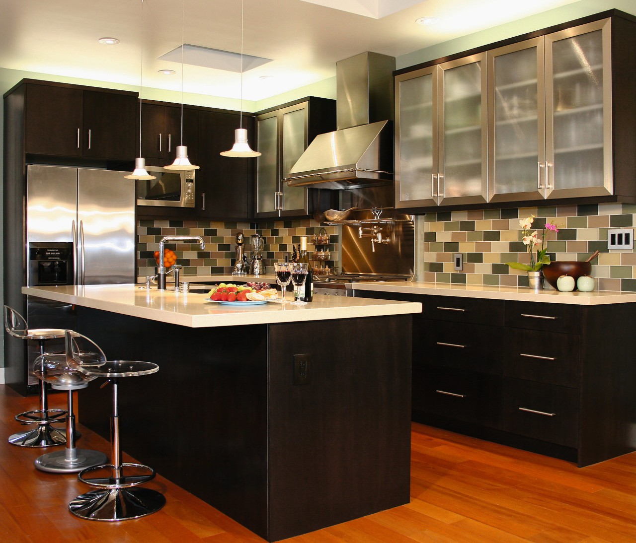 View of this kitchen featuring stained timber flooring, cabinetry, countertop, cuisine classique, interior design, kitchen, room, black, brown