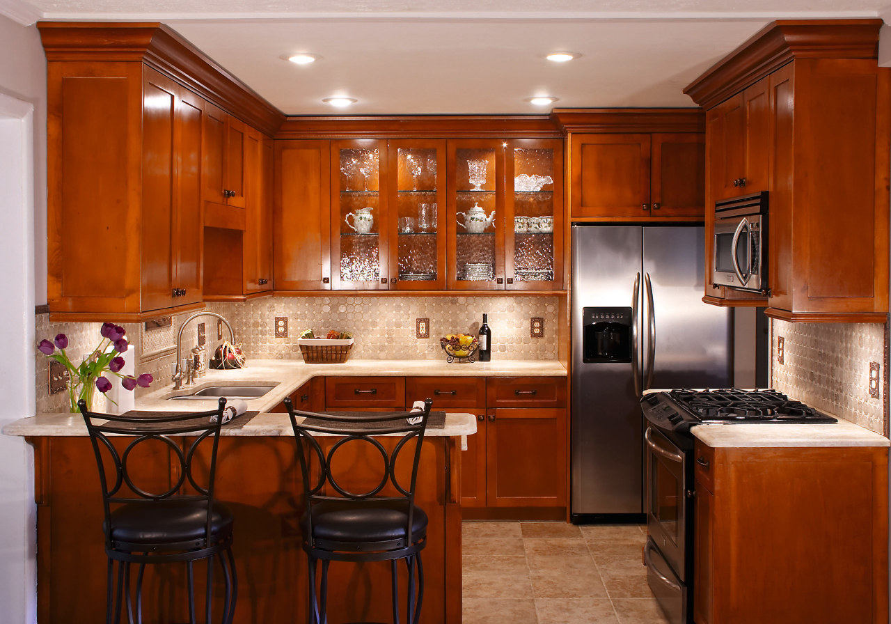 A view of this kitchen featuring solid maple cabinetry, countertop, cuisine classique, interior design, kitchen, real estate, room, brown