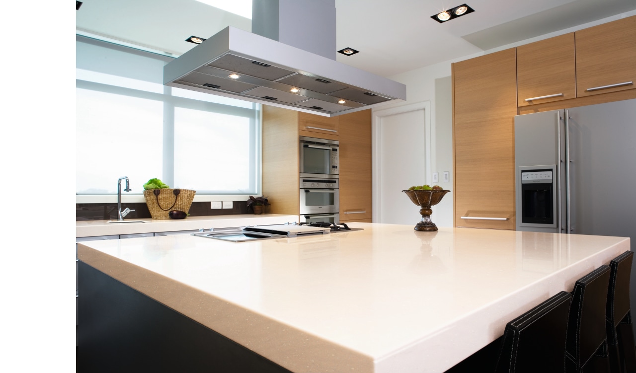 View of this kitchen featuring Cinnabar corian benchtop, countertop, interior design, kitchen, office, real estate, white