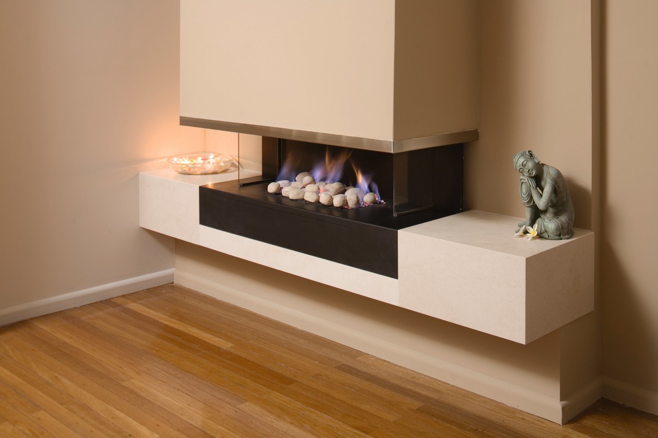 Image of the Jetmaster Horizon gas log fires. drawer, fireplace, floor, flooring, furniture, hardwood, hearth, laminate flooring, product design, shelf, table, wood, wood flooring, brown, orange