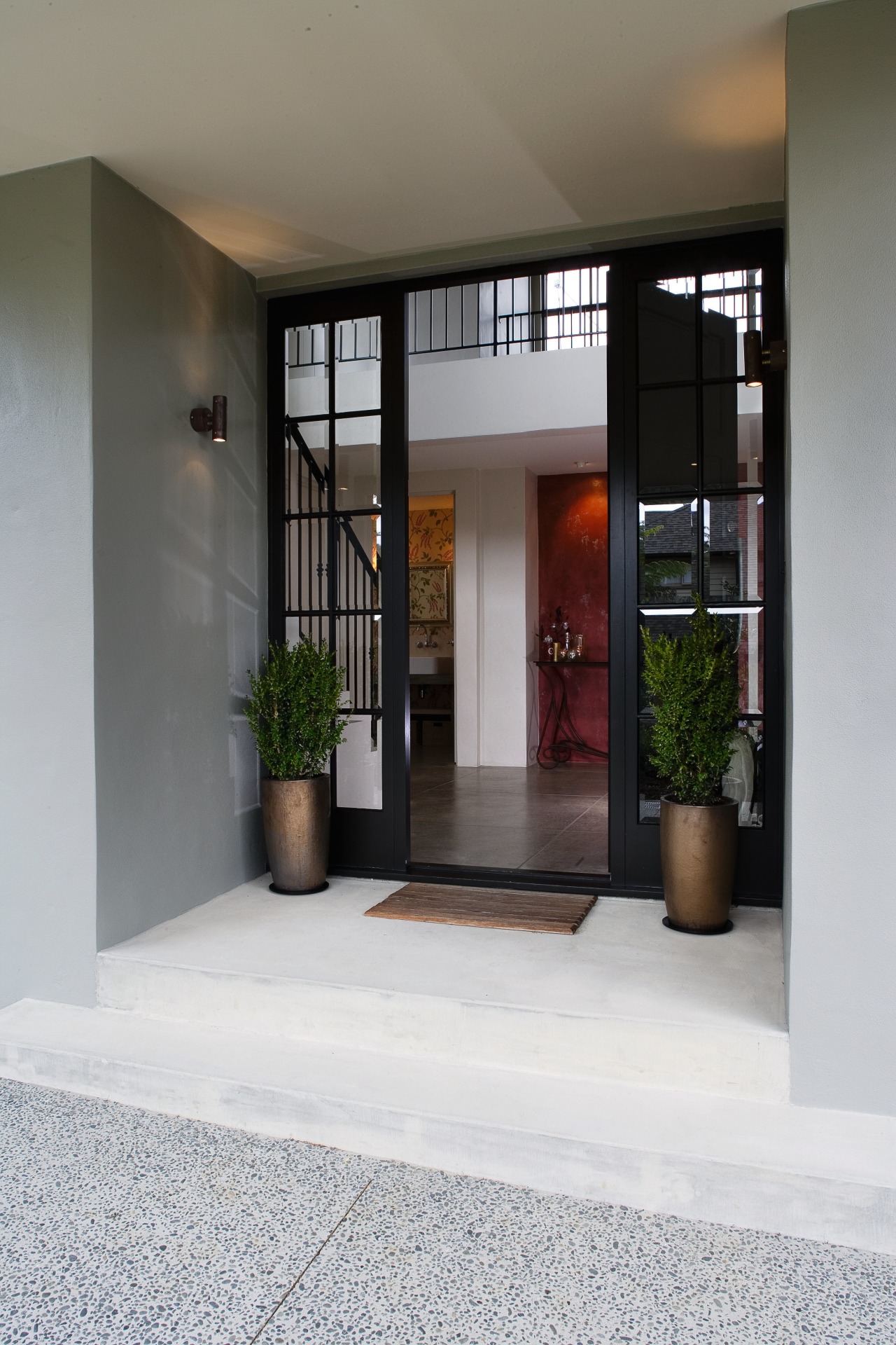 A view of some coloured concrete flooring from door, interior design, gray, white