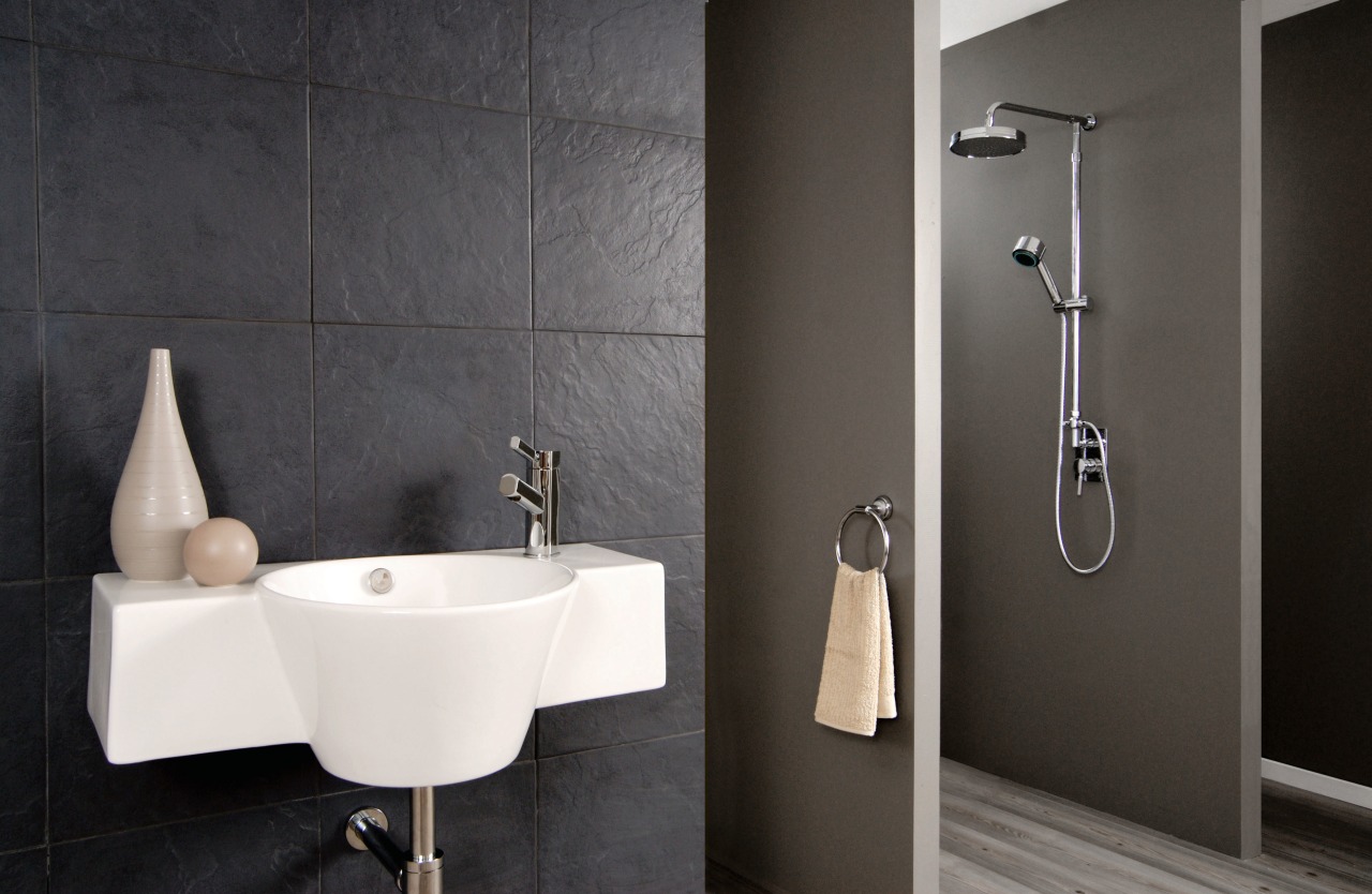 A view of some bathroomware from Aquatica. bathroom, bathroom accessory, bathroom cabinet, bathroom sink, ceramic, floor, interior design, plumbing fixture, product design, room, sink, tap, tile, wall, black, gray