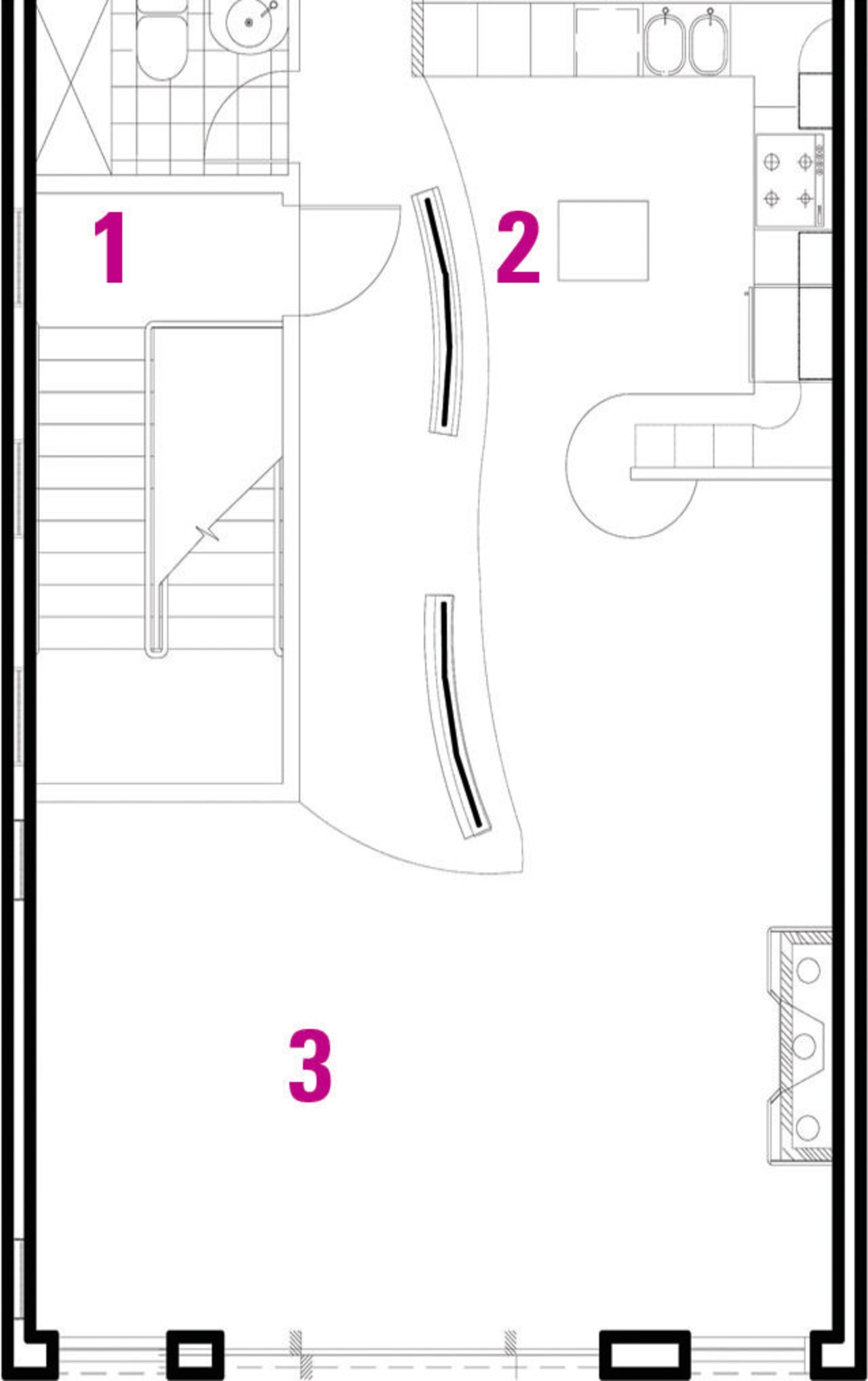 1 front entrance, 2 kitchen, 3 dining area. angle, area, black and white, design, diagram, drawing, font, line, product, product design, text, white, white