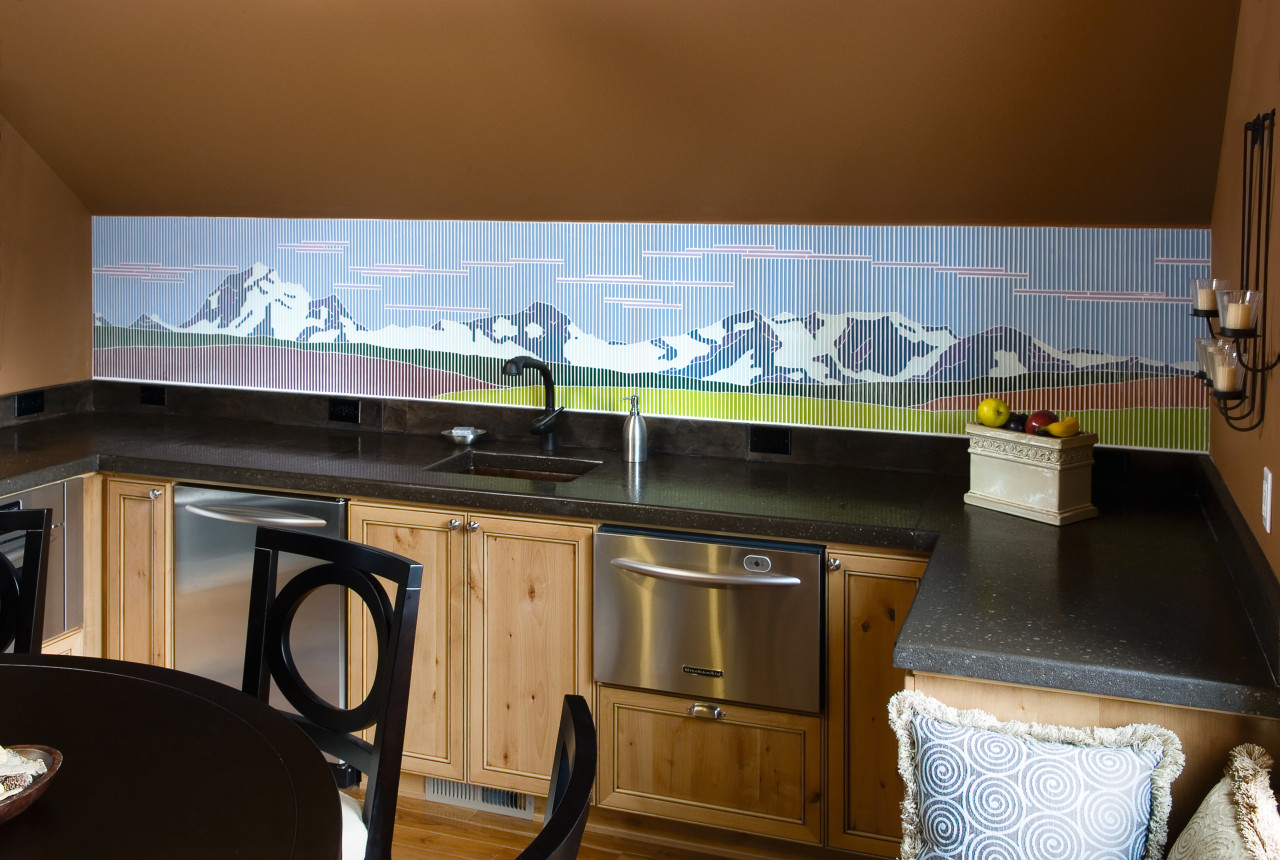 A view of the mosaic backsplash designed and countertop, home, interior design, kitchen, property, real estate, room, window, brown, black