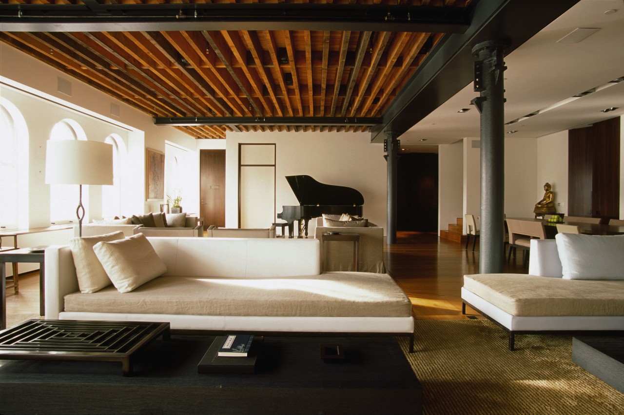 A view of this New york apartment designed architecture, ceiling, floor, furniture, interior design, living room, room, brown, black