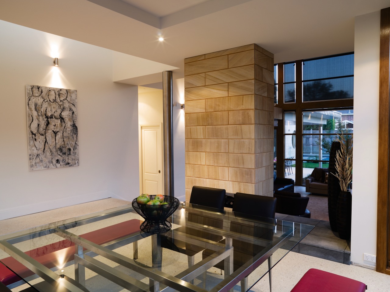 A view of the dining area featuring glass ceiling, interior design, living room, real estate, room, gray, brown