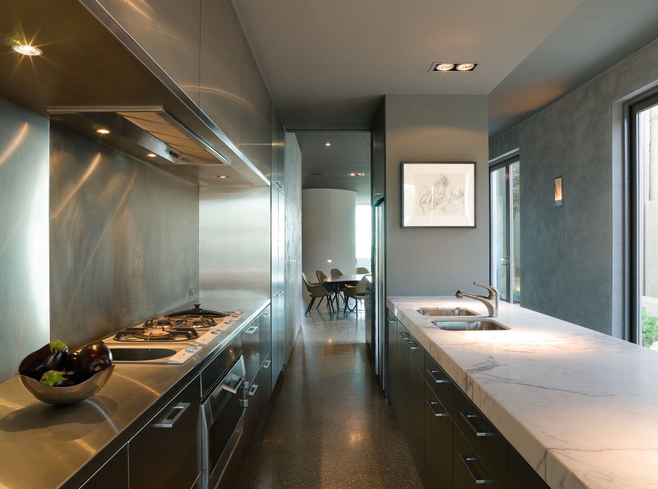 A view of this kitchen featuring polished concrete architecture, ceiling, countertop, interior design, kitchen, room, gray, brown