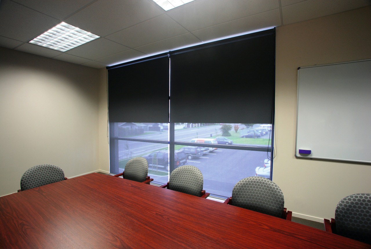 A view of some blinds from Window Treatments architecture, ceiling, conference hall, daylighting, floor, glass, interior design, office, table, window, gray, black