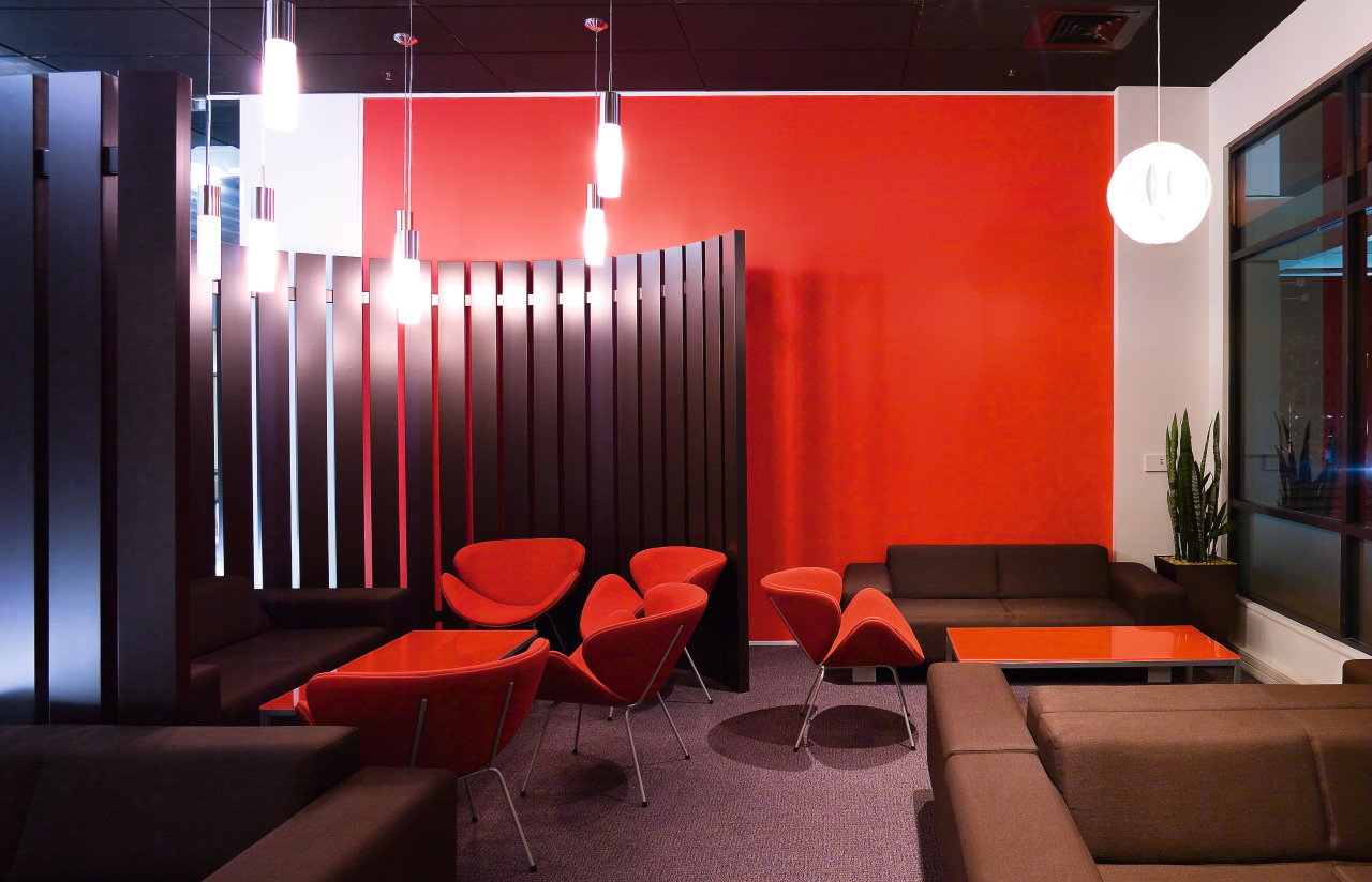 Vibrant red enlivens the new cafe in the ceiling, interior design, lighting, restaurant, table, red