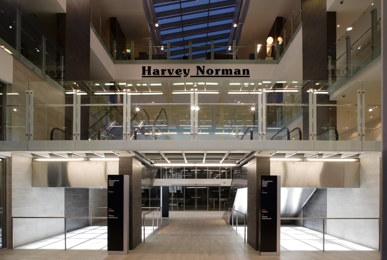 A view of the Harvey Norman Centre designed architecture, building, daylighting, interior design, lobby, shopping mall, black, gray