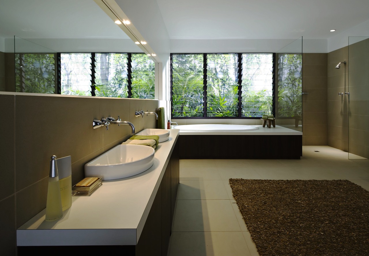 A view of this contemporary bathroom featuring Drf architecture, bathroom, daylighting, house, interior design, room, window, gray, black