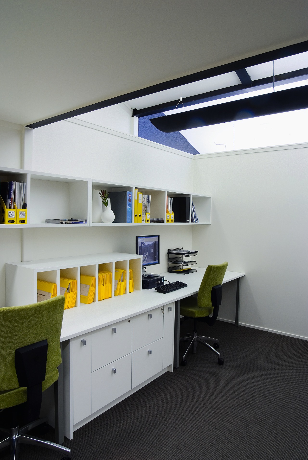 A view of some interior design by Yellowfox. architecture, furniture, interior design, office, product design, shelf, shelving, gray, black