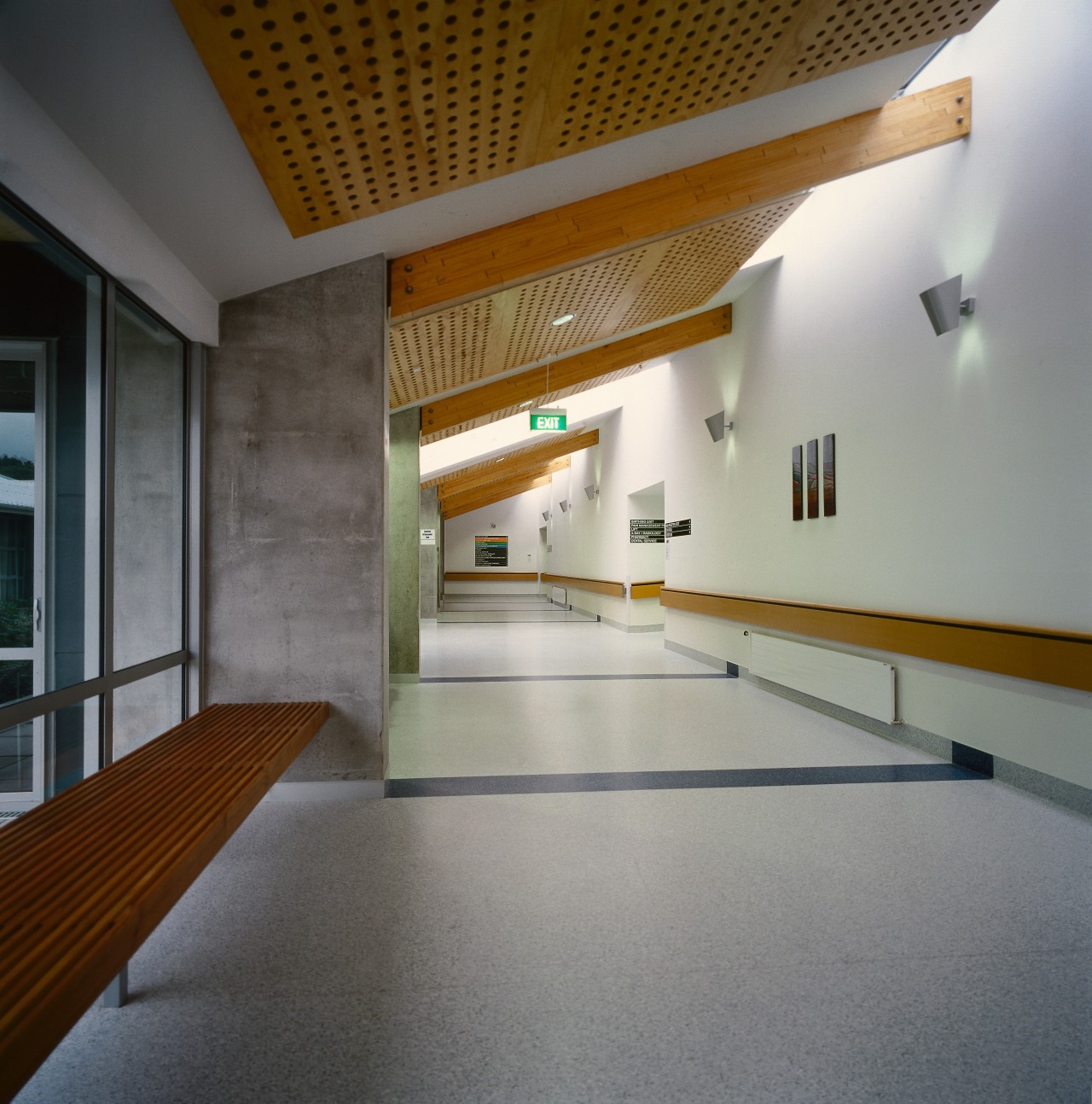 A view of Burwood Hospital's new surgical unit architecture, ceiling, daylighting, floor, flooring, house, interior design, real estate, wood, gray