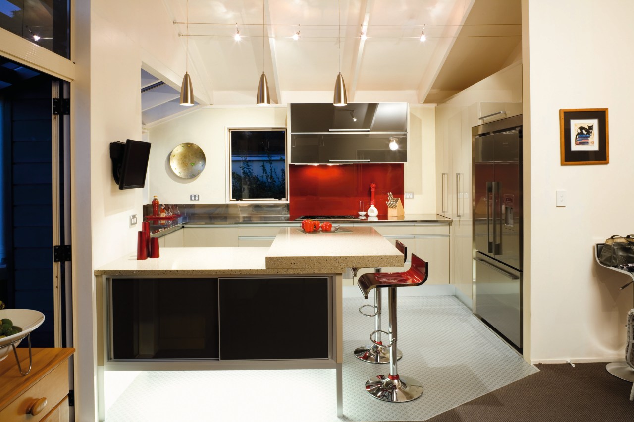 A view of this kitchen featuring quarell and countertop, furniture, interior design, kitchen, white