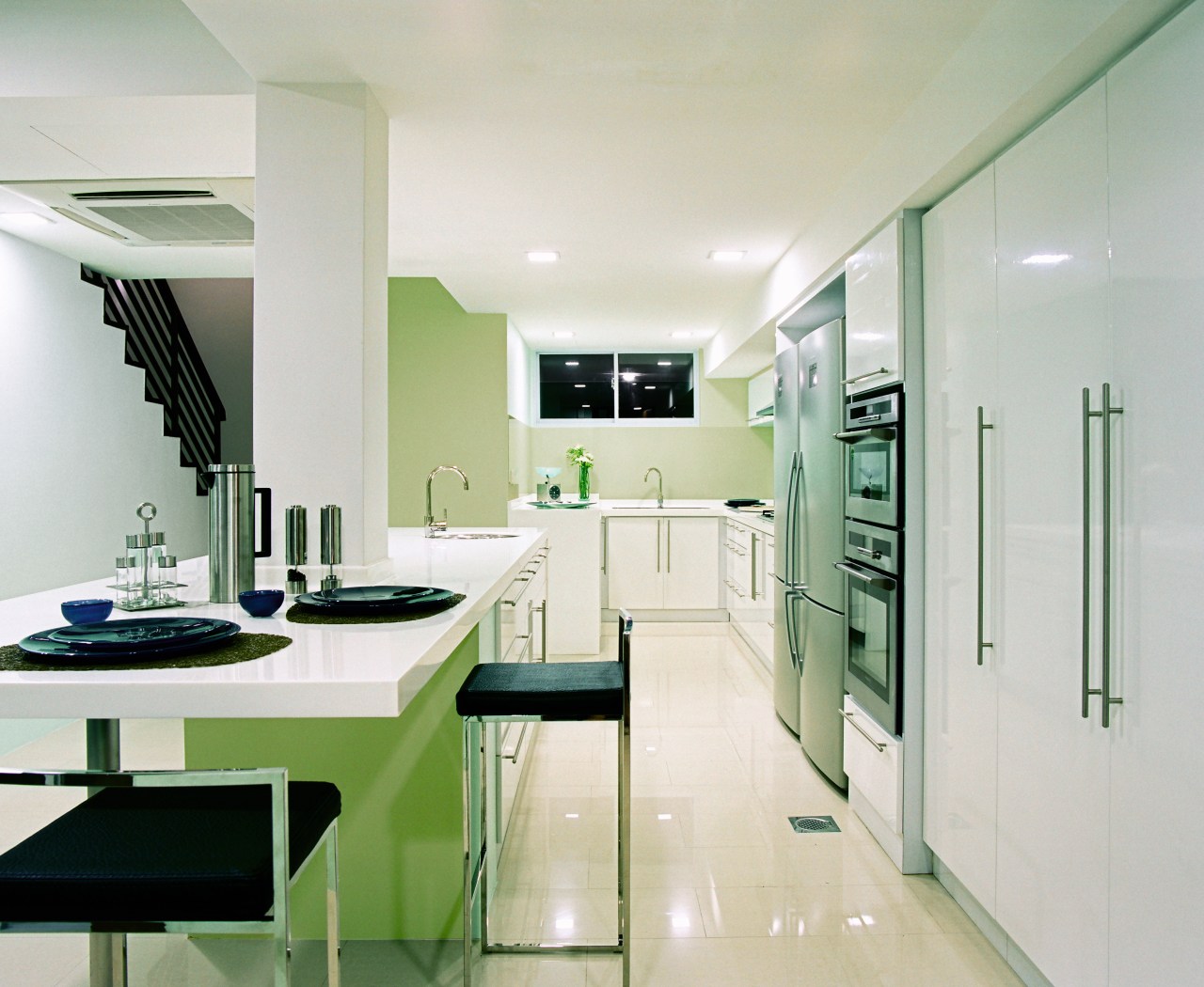 A view of this kitchen design by Ong countertop, interior design, kitchen, product design, room, gray, white