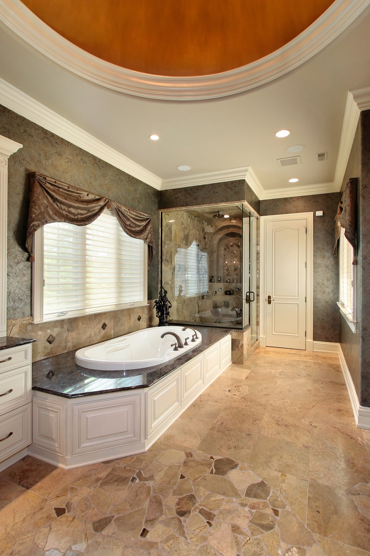 Emperador Dark marble was specified for this master bathroom, cabinetry, ceiling, countertop, estate, floor, flooring, home, interior design, real estate, room, tile, wall, wood flooring, orange, brown