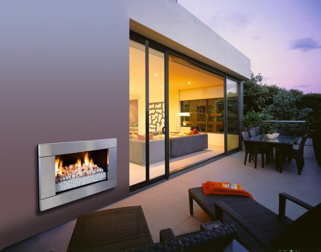 A view of the outdoor stainless steel fireplace architecture, fireplace, hearth, home, house, interior design, real estate, black, gray