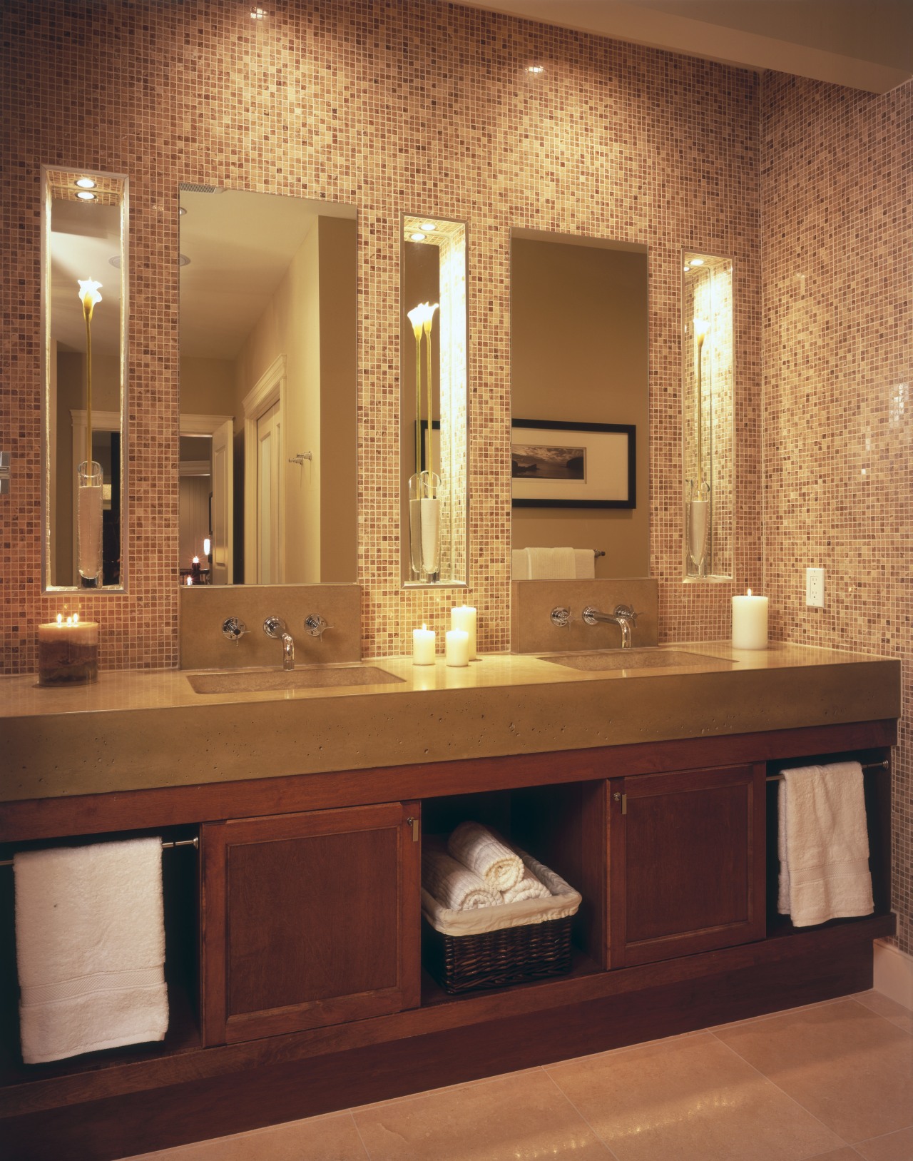 A view of the maser bathroom featuring tiled bathroom, bathroom accessory, bathroom cabinet, cabinetry, flooring, furniture, interior design, room, sink, wall, orange, brown