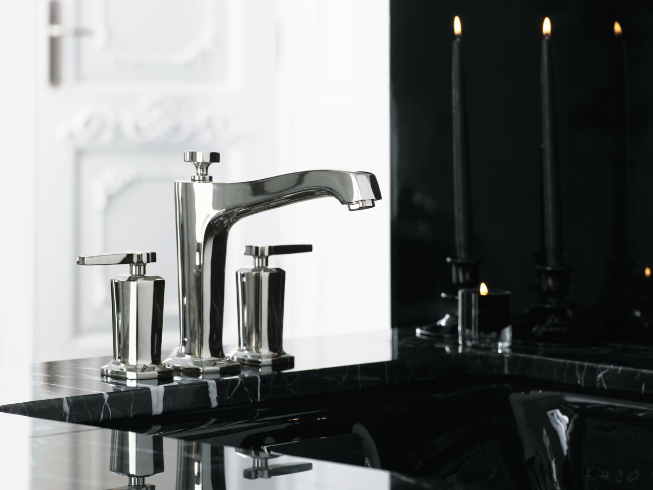 The new Margaux bath faucet collection from Kohler plumbing fixture, product design, sink, small appliance, tap, black, white