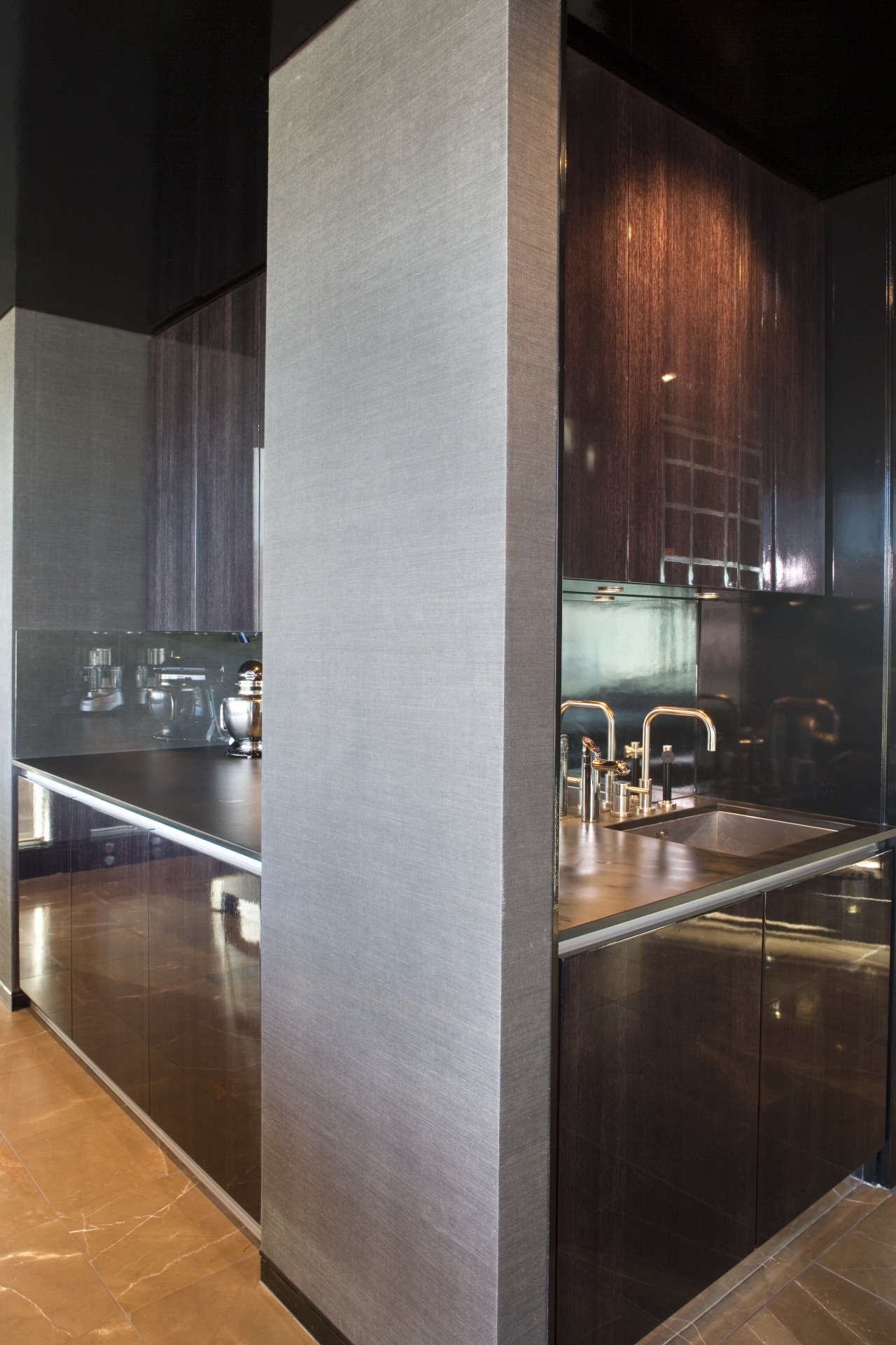 View of kitchen desihned by Architect Angela Foster architecture, cabinetry, countertop, floor, flooring, glass, interior design, kitchen, wall, gray, black