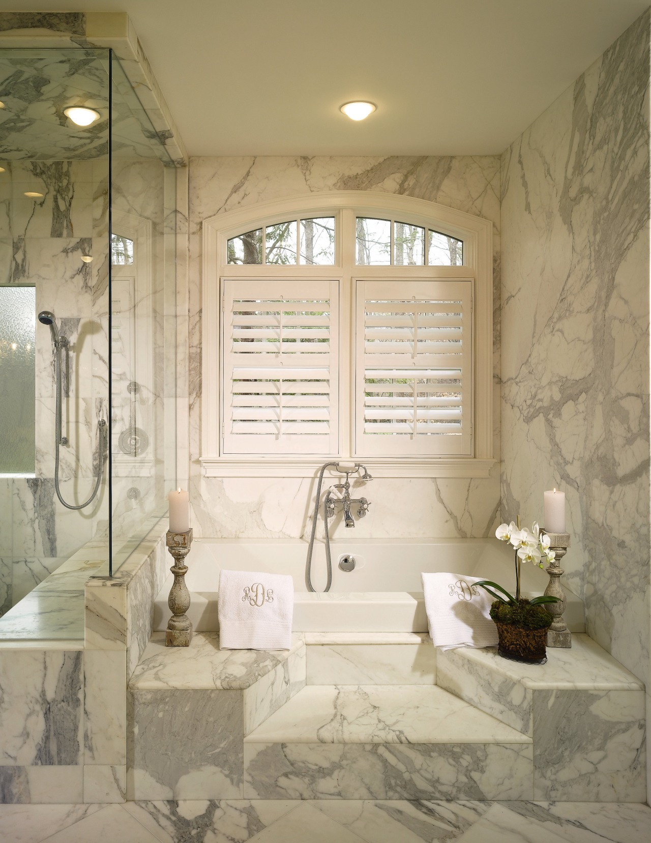 Enclosed within marble, the tub is an ideal bathroom, floor, home, interior design, plumbing fixture, room, tile, wall, window, brown, white