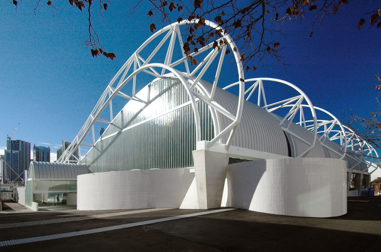 A view of the Ian thorpe Aquatic centre architecture, building, convention center, fixed link, landmark, structure, tourist attraction, gray, blue