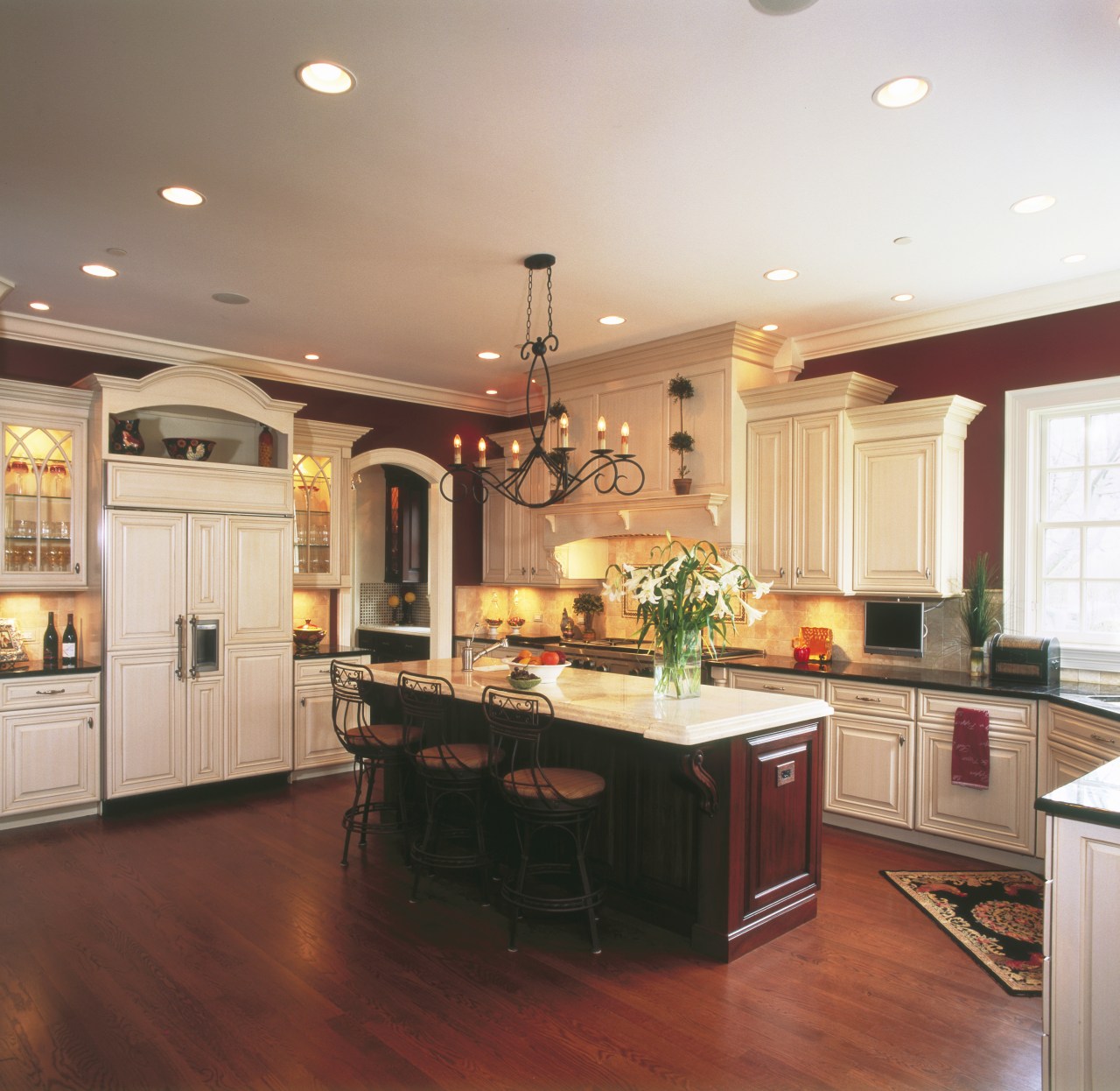 View of winning kitchen design by Insignia Kitchen cabinetry, ceiling, countertop, cuisine classique, floor, flooring, hardwood, interior design, kitchen, laminate flooring, lighting, room, wood flooring, red, orange, white