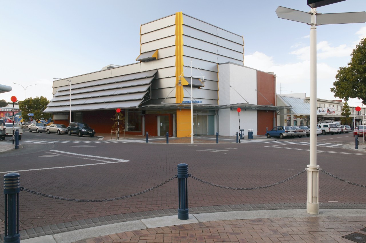 The new Tauranga art gallery - once a building, car, city, downtown, metropolitan area, mixed use, neighbourhood, real estate, residential area, gray, white