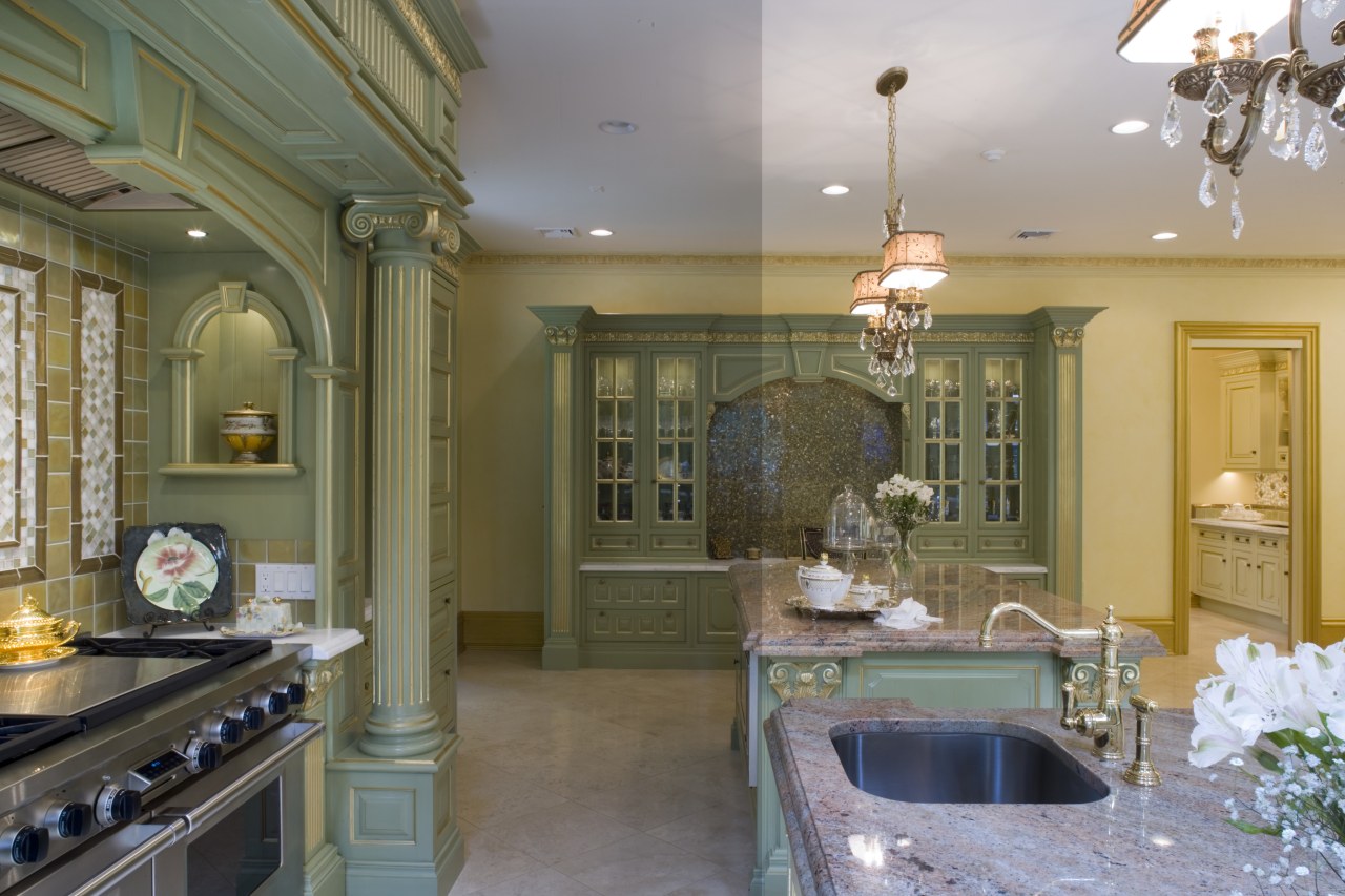 This English-made clive christian Regency-style kitchen provides a bathroom, ceiling, countertop, estate, home, interior design, kitchen, real estate, room, brown, gray