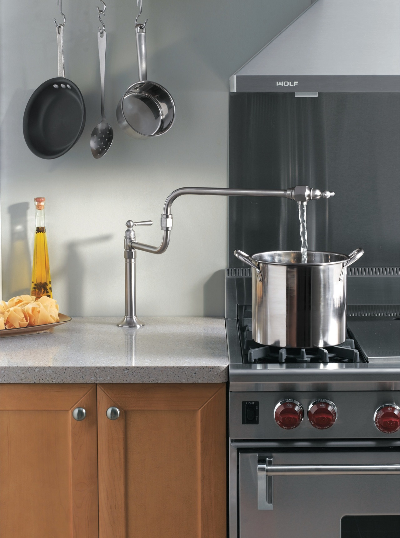 A view of the latest stinless Steel Kohler cookware and bakeware, countertop, gas stove, home appliance, kitchen, kitchen appliance, kitchen stove, small appliance, tap, gray