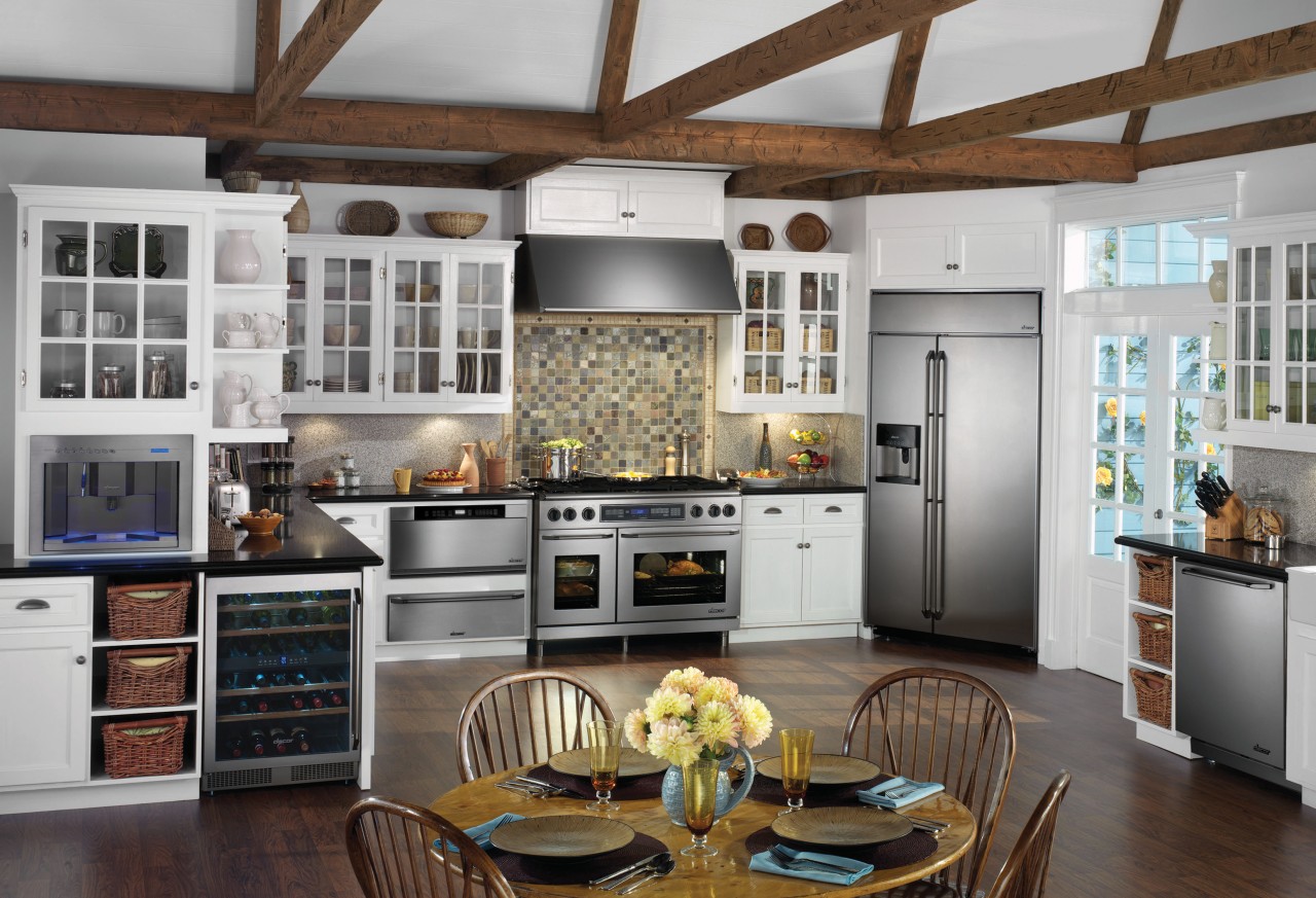 A view of this kitchen featuring the latest cabinetry, ceiling, countertop, cuisine classique, interior design, kitchen, living room, room, gray