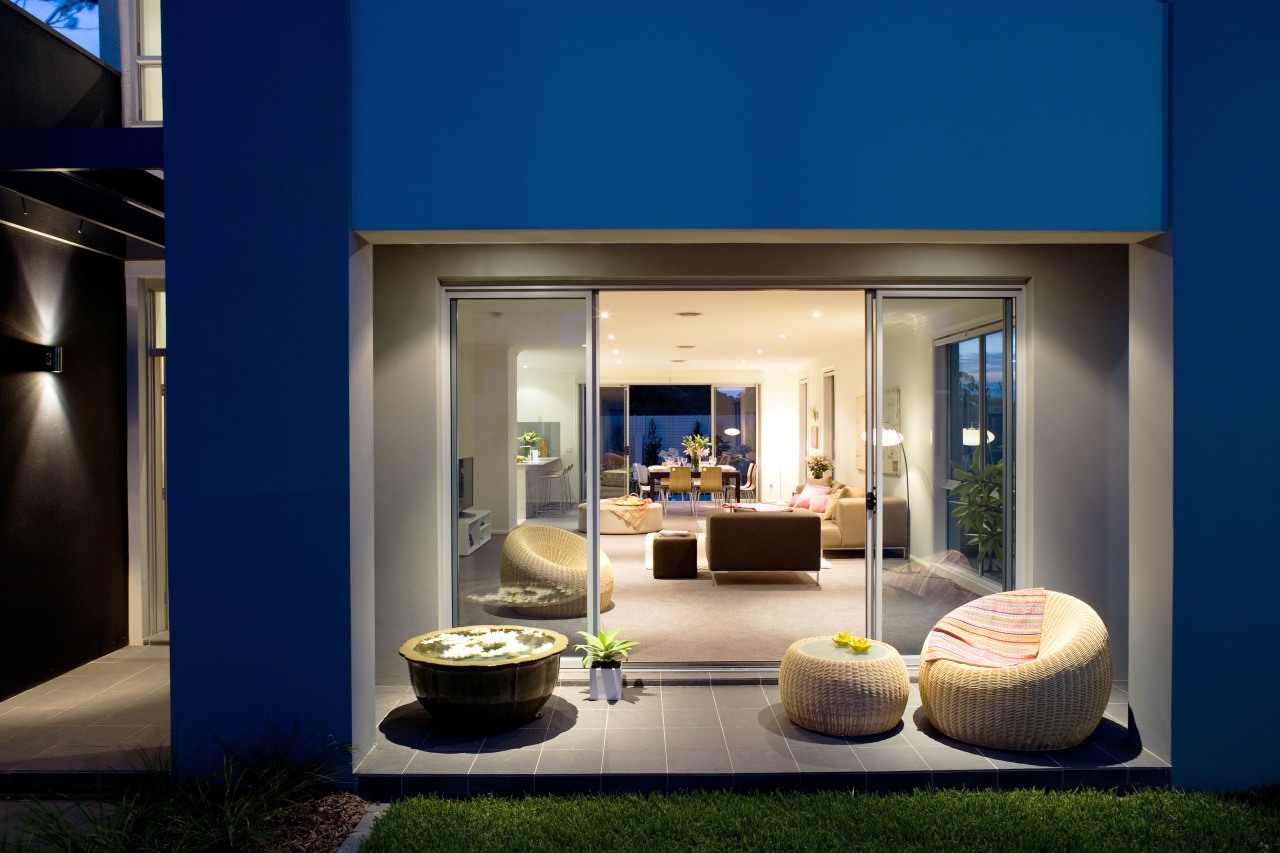 An exterior view of this house featuring coastal architecture, home, house, interior design, lobby, blue