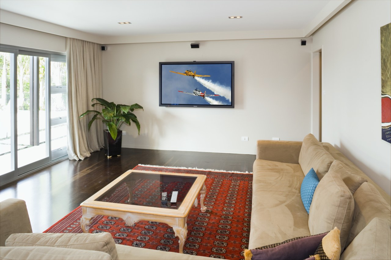 The home theatre includes a 65inch plasma display interior design, living room, property, real estate, room, suite, gray, white