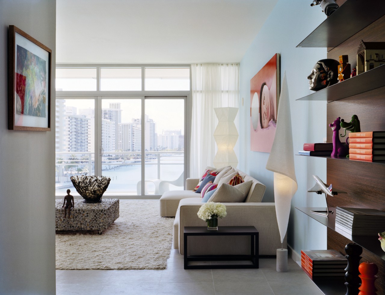 View of living room inside apartment from Gorlin ceiling, furniture, home, interior design, living room, room, shelving, gray, white